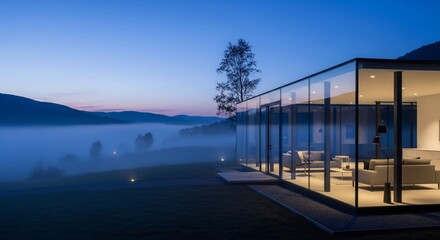 Obraz premium Modern glass house at twilight with foggy landscape