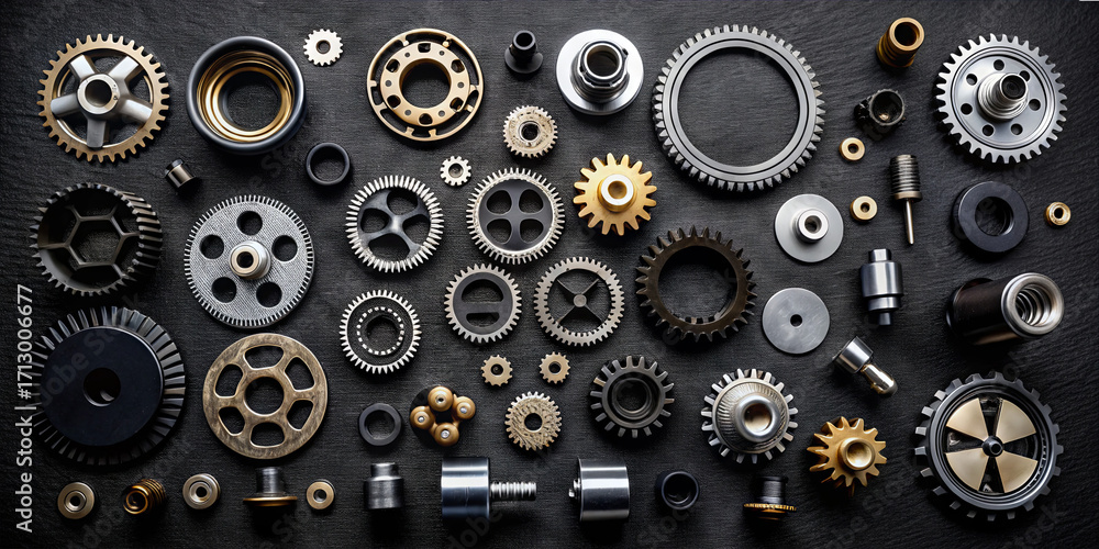 Poster various sizes and types of gears and mechanical parts are meticulously arranged on a dark surface, h