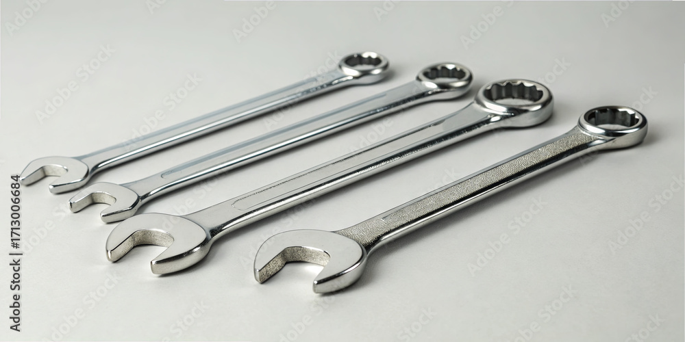 Poster a set of four chrome wrenches lies neatly arranged on a smooth gray surface. these tools vary in siz