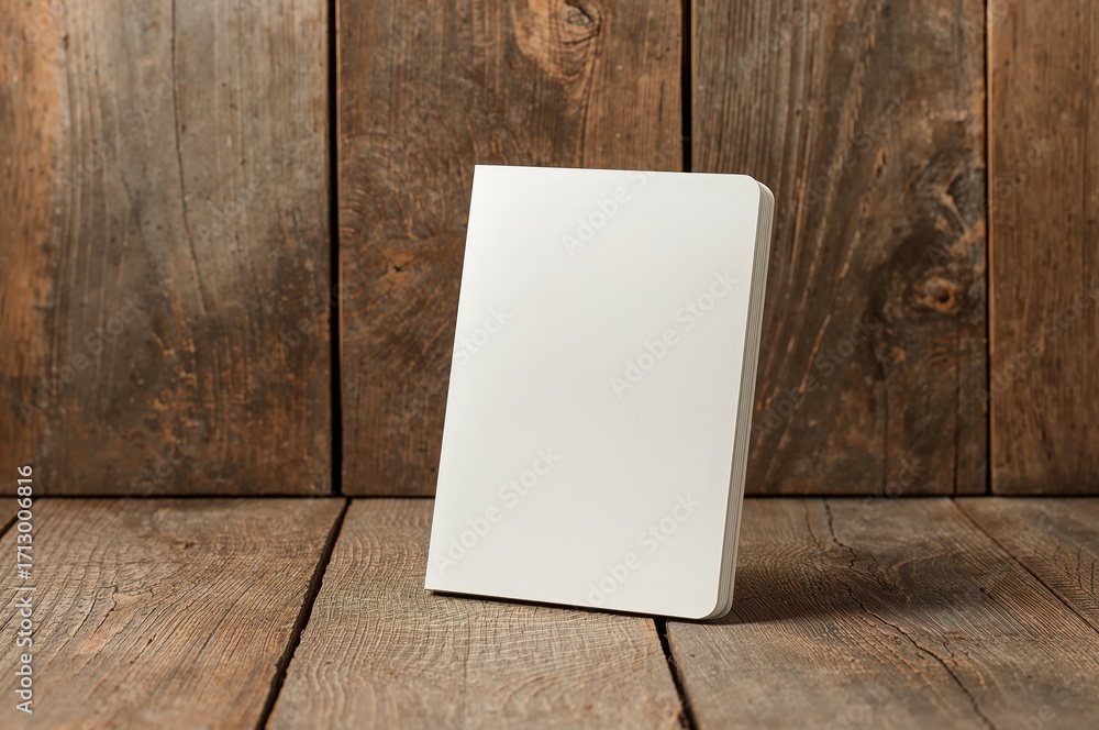 Poster empty notebook on rustic wooden surface with ample space for writing