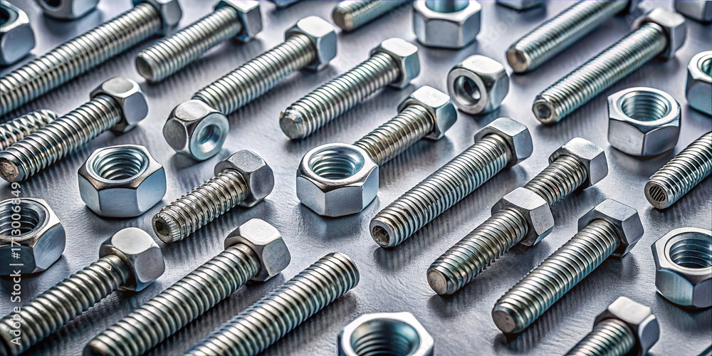 Poster different types of metallic nuts and bolts are spread out on a gray workbench. this setup showcases 