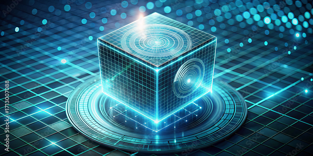 Poster A glowing, digital cube showcases intricate geometric patterns in a high-tech environment. Bright lights and dynamic grids create a vibrant atmosphere while enhancing the futuristic theme