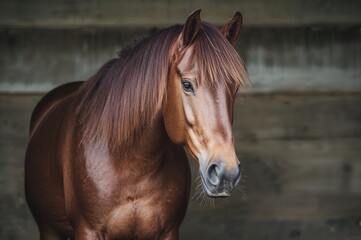Obraz premium A stunning chestnut horse poses inside a stable from a low viewpoint.