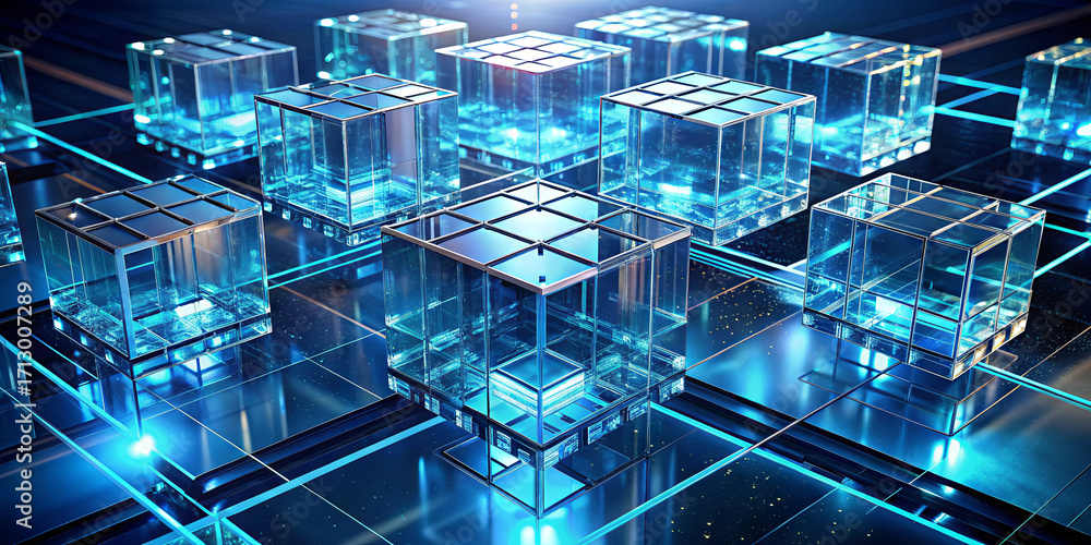 Poster colorful translucent cubes arranged in a grid emit a soft glow in a darkened environment. the scene 