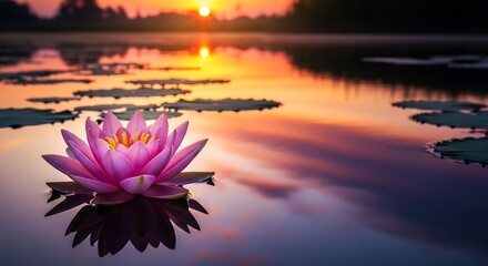 Pink lotus flower floating on calm water at sunrise
