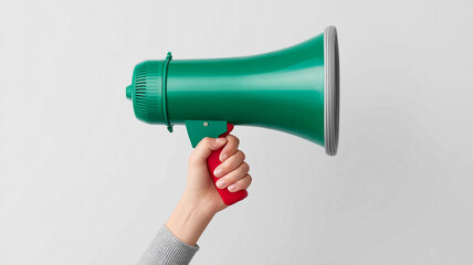 Bright green megaphone held in a hand, ready to amplify voices during an event or gathering, set against a light gray background