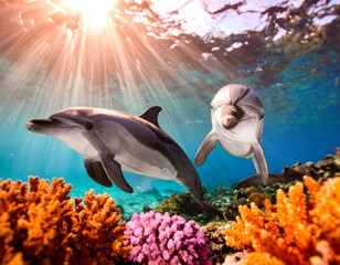 Two dolphins swim among vibrant coral reefs. Sunlight streams down from above