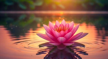 Pink lotus flower floating on rippling water at sunset