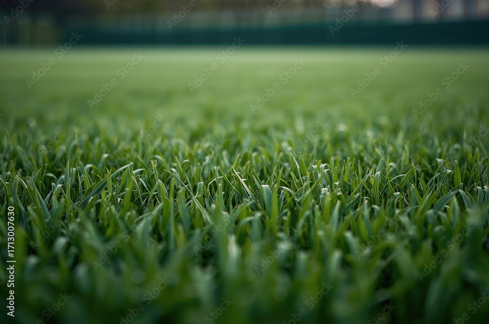 Poster detailed view of flawless green turf on a playing field or garden area with empty space for text