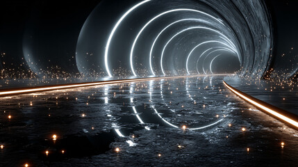 an ethereal, sparkling tunnel of light leading to the horizon. the scene is captured in high resolution with stunning realism and cinematic lighting. it features a close-up shot that highlights intric