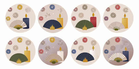 Collection of eight circular japanese inspired designs featuring candles and fans with floral motifs