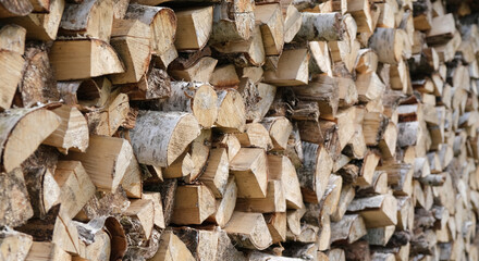 Neatly stacked stack of firewood, firewood for the fireplace, firewood, raw materials, wood rental, calorific value