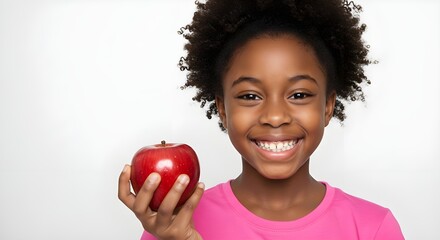 Smiling child holding a fresh apple, cheerful expression on transparent background.