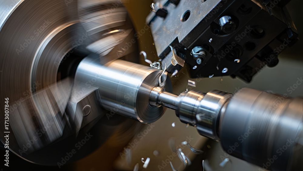 Poster a cnc lathe is shaping a metal workpiece, creating fine details while shavings fly off. the workshop