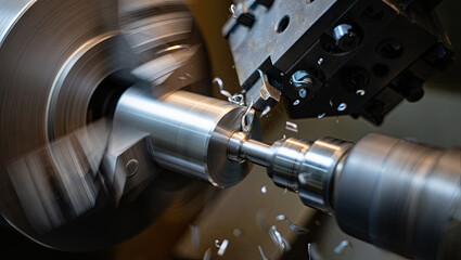 A CNC lathe is shaping a metal workpiece, creating fine details while shavings fly off. The workshop is filled with tools and machinery for efficient metalworking