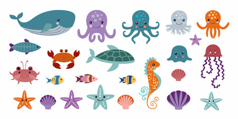 Collection of cute cartoon sea creatures and ocean life illustrations on white background