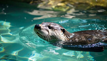 Fototapeta premium River otter swimming in turquoise water