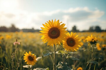 Vibrant yellow flower bunches set against a softly blurred summer meadow backdrop. Focused detail.