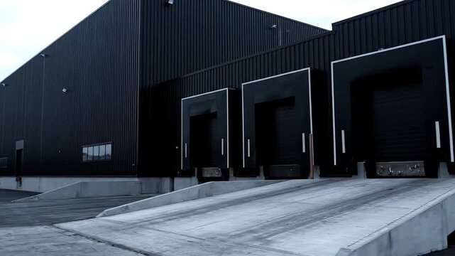 The modern black warehouse building is shown from the outside, featuring empty loading docks and concrete ramps. The camera is moving steadily to the right