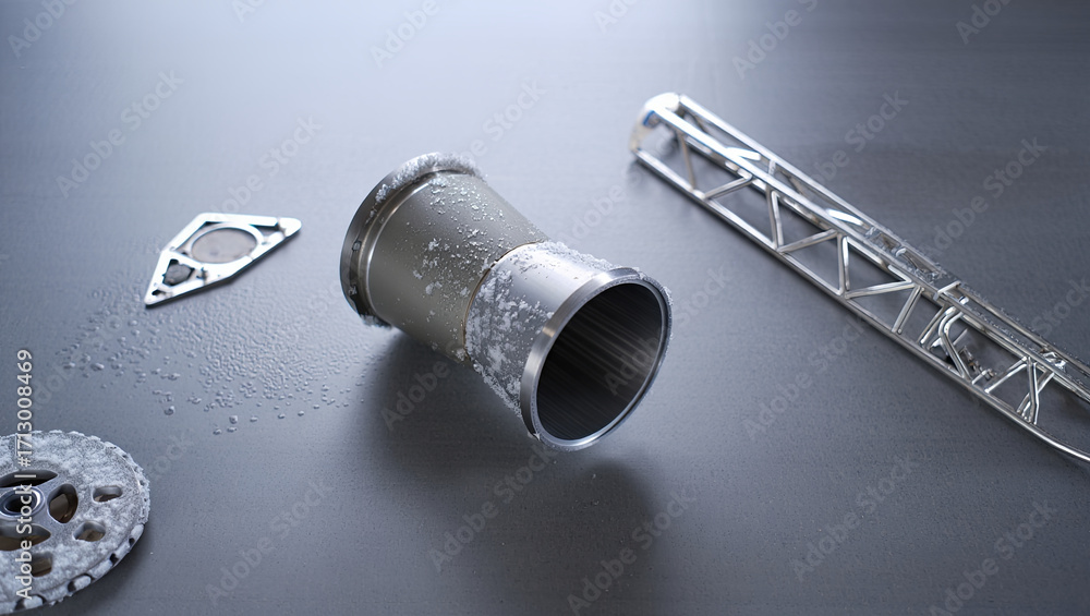 Poster various industrial components are displayed on a dark surface, highlighting their textures and shape