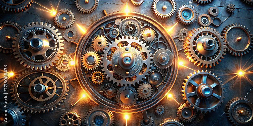 Poster a stunning display of various gears and cogs arranged in a complex pattern. soft lights enhance thei