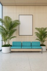Naklejka premium A modern waiting area with light beige wooden walls, teal seating, and a blank poster frame, evokes a sense of calm and spaciousness.