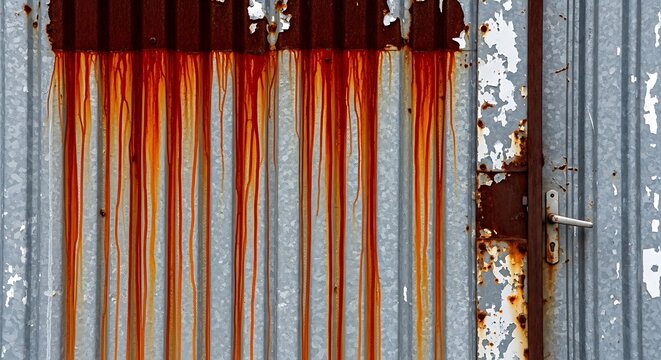 Closeup of rusted corrugated metal with peeling paint and streaks of rust