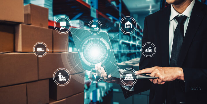 Smart warehouse management system with innovative internet of things technology to identify package picking and delivery . Future concept of supply chain and logistic network business .