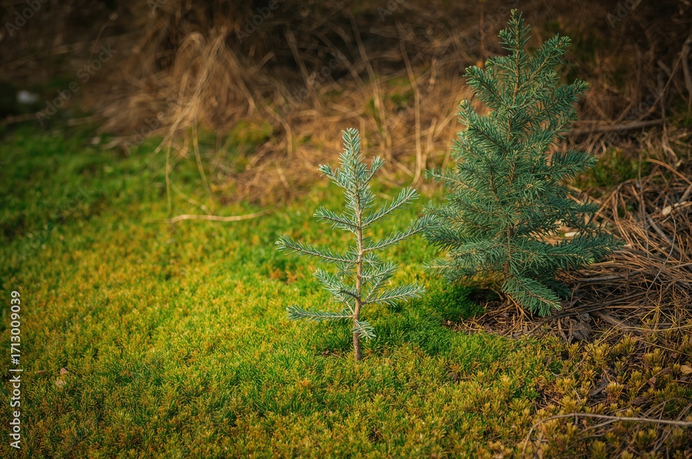 Poster a tiny conifer sapling emerging from the earth in a forest environment with moss and small evergreen