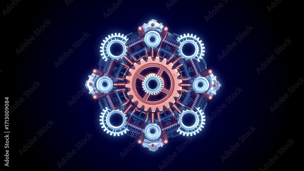Poster a complex arrangement of metallic gears and cogs shines with glowing details, forming a mesmerizing 