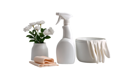 White cleaning supplies, vase with flowers, and gloves