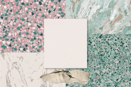 Contemporary design layout with pink and green terrazzo pattern. Stylish vector backdrop showcasing stone and marble elements.