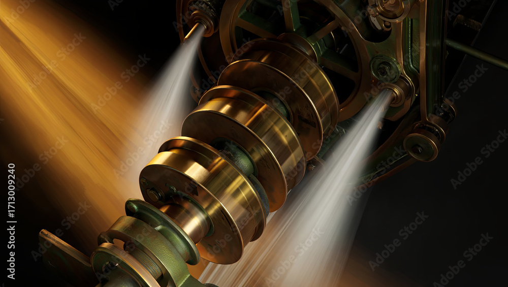 Poster a detailed view shows a brass mechanical component in action, with steam flowing out in a dark indus