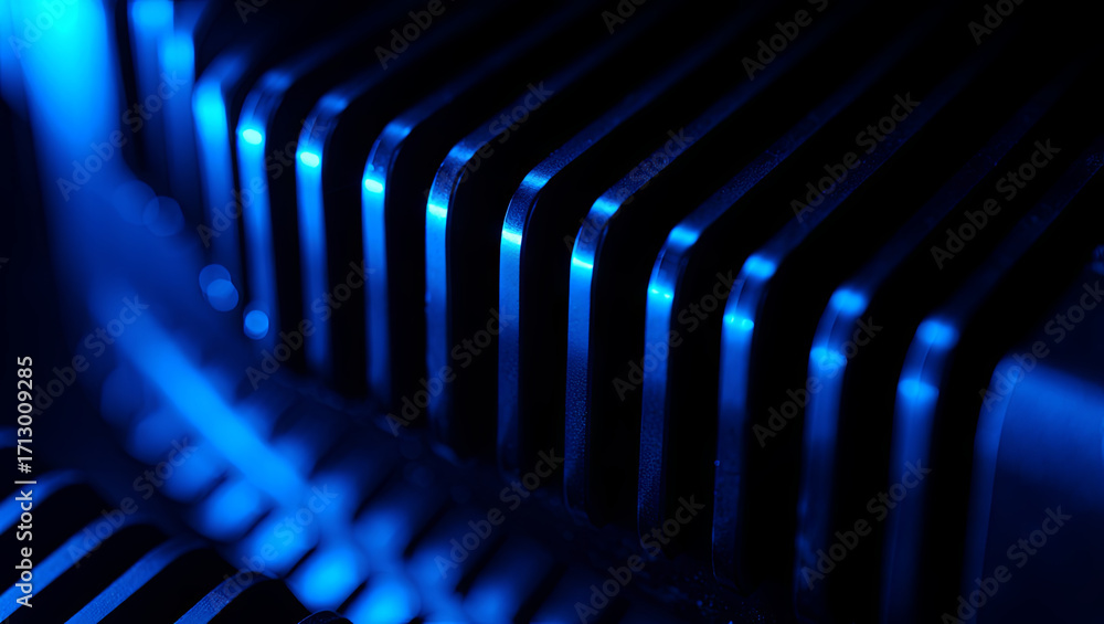 Aufkleber this close-up view features a metallic surface with distinct grooves. the blue lighting enhances the