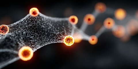 abstract glowing particles network against a black background. realistic 3d rendering of orange and yellow cells on the surface of an irregularly shaped organic structure, resembling a biological them