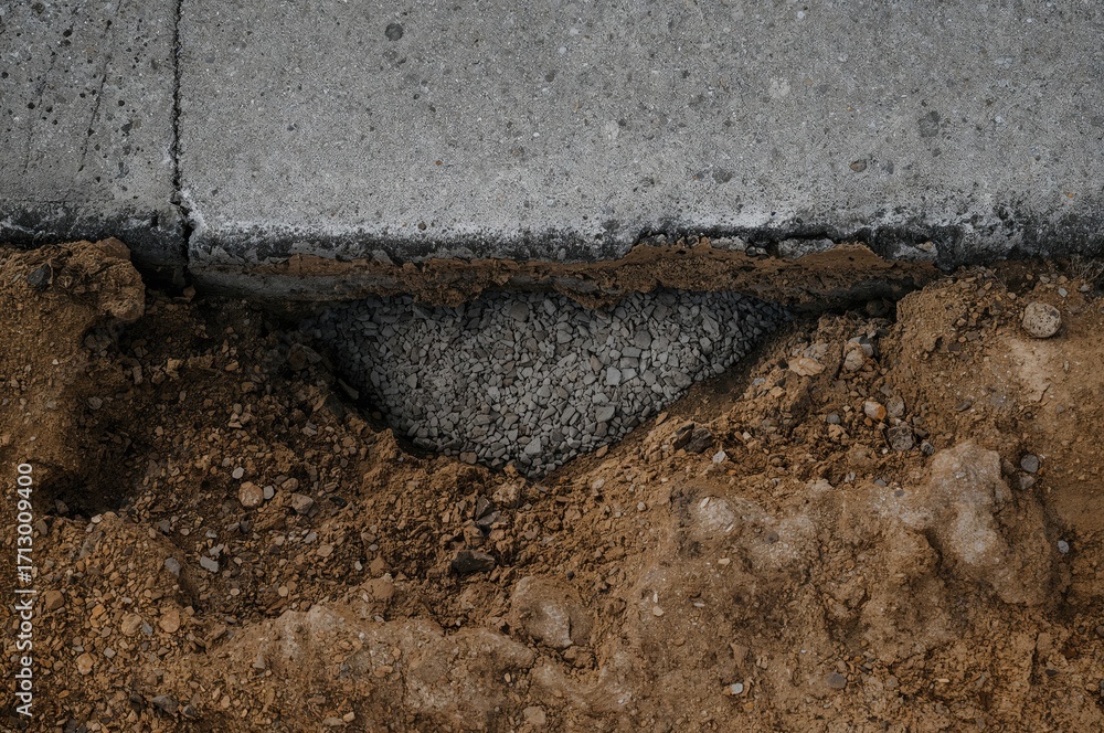 Poster detailed view of a cross-section showing gravel and mud beneath a concrete road, exposing an embedde