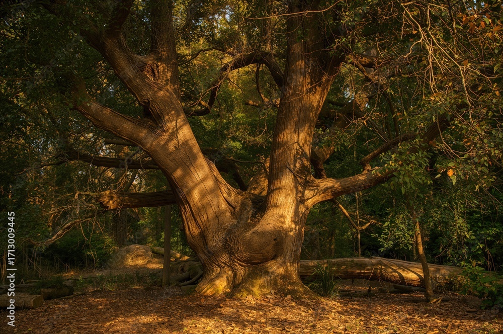 Poster a large beech tree in a dense forest