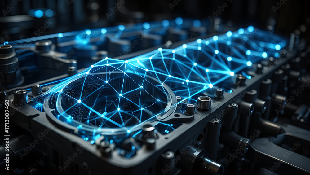 Poster a detailed view of a machinery part displaying a blue glowing network design reflects advanced techn