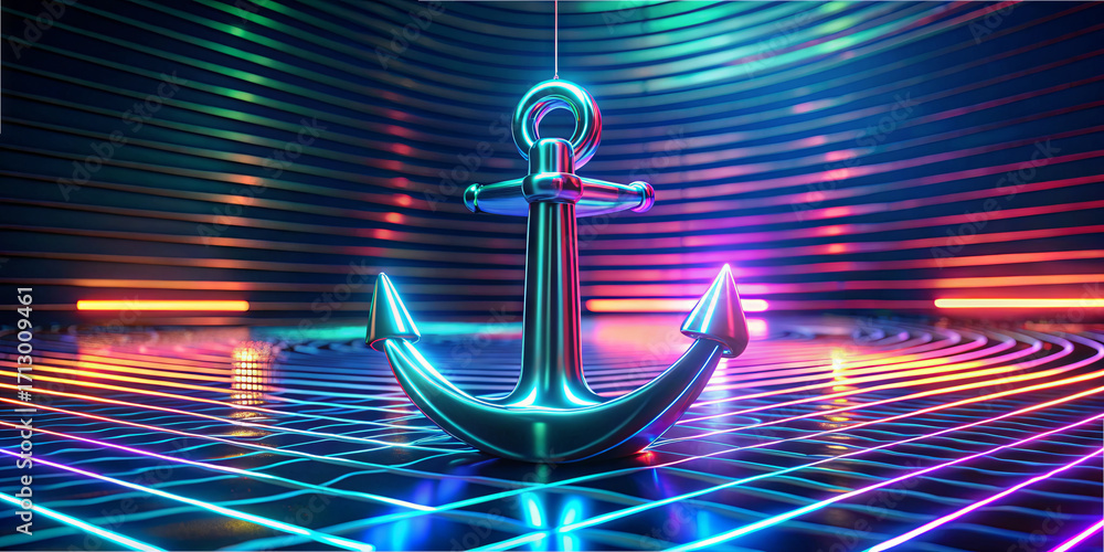 Aufkleber A colorful anchor is centered in a futuristic setting with glowing lines and bright neon lights. The design creates a lively, surreal atmosphere that captivates the viewer's attention