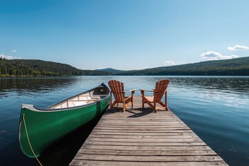 A green canoe secured to a wooden pier alongside two vacant Adirondack chairs