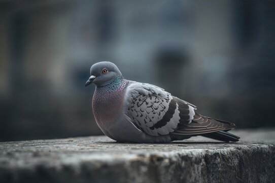 A pigeon perched calmly on a rocky ledge with a soft-focus cityscape behind it