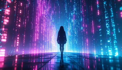 Silhouette figure in neon digital space