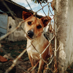 Sad stray dog looking through fence in outdoor shelter with hopeful eyes