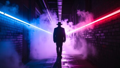 Silhouette of person walking in a neon-lit corridor
