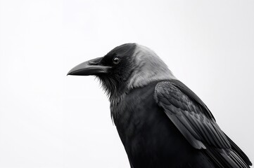 A solitary black bird against a plain white backdrop, symbolizing freedom and isolation with its dark feathers.