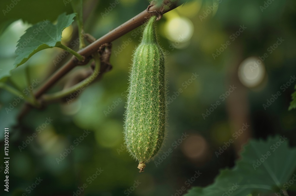 Poster a vibrant and nutritious cucumber dangling from the branch.