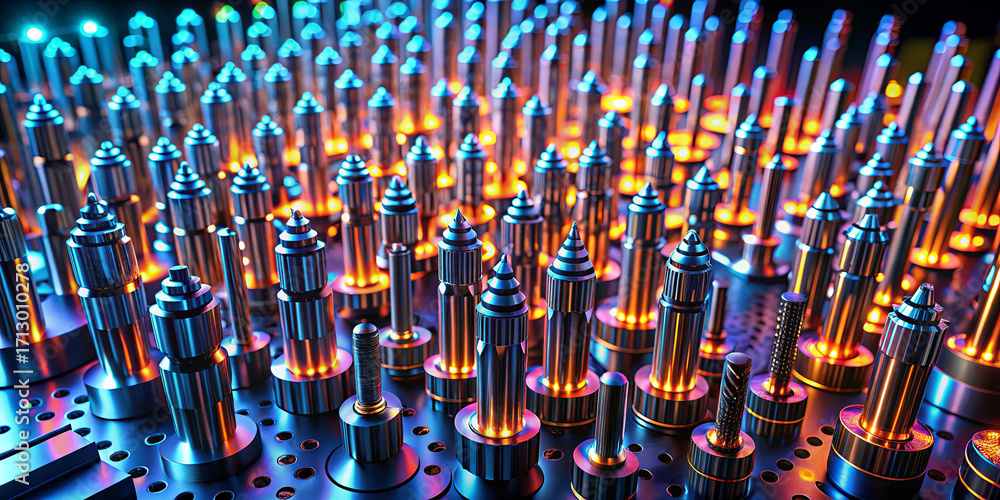 Poster various metallic components glow in vibrant colors inside a cutting-edge workshop. the intricate arr