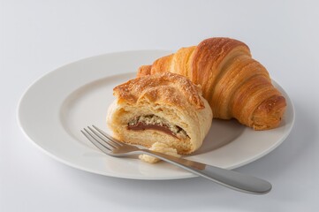 Pastry stuffed with chocolate served alongside a croissant and cutlery on a dish