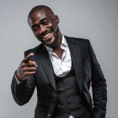 Confident businessman portrait in elegant black tailored suit and white shirt, smiling with pointing gesture, isolated light grey background corporate style