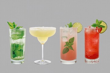 Fototapeta premium Four vibrant cocktails including mojito, margarita, strawberry daiquiri, and a mint-lime mojito on a clear backdrop